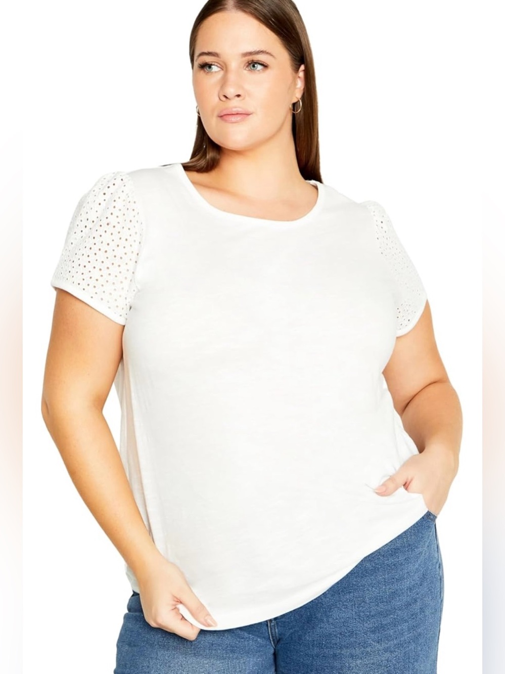 City Chic White Short Sleeve Top with Eyelet Detail